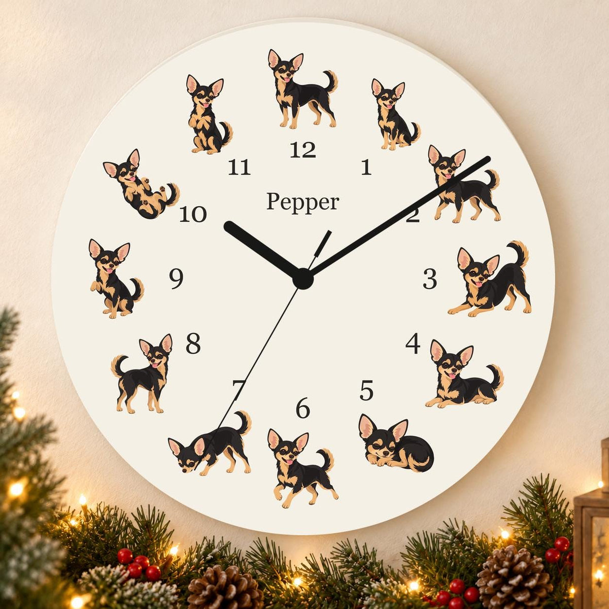 Personalized Chihuahua Black and Tan wooden wall clock with example name Pepper; holiday