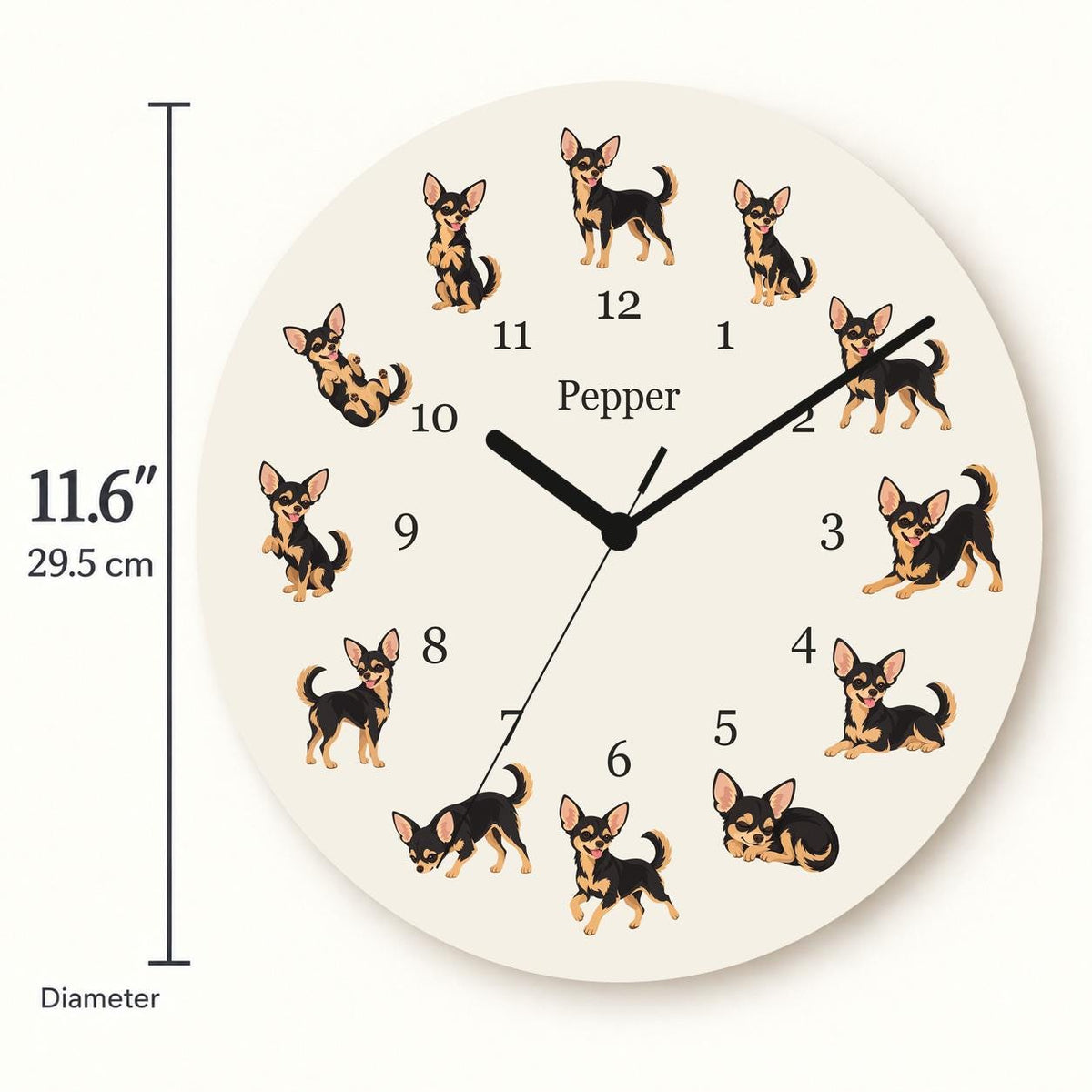 Personalized Chihuahua Black and Tan wooden wall clock with example name Pepper; size