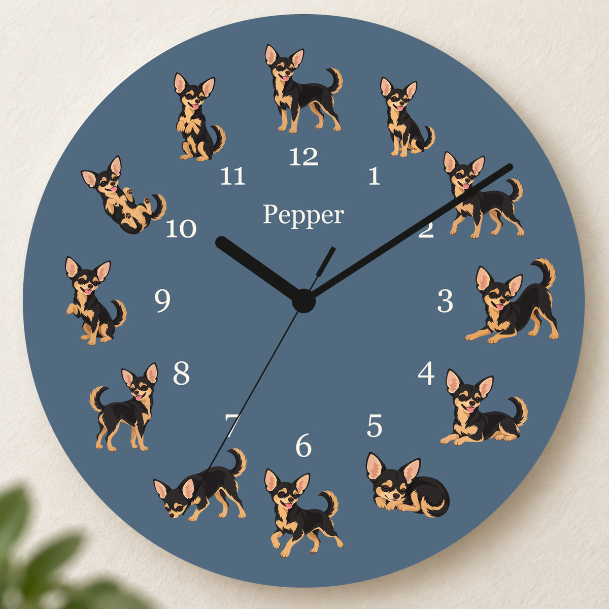 Personalized Chihuahua Black and Tan Wall Clock, Custom Pet Name, 11.6 Inch Wooden Clock — Muted Denim background