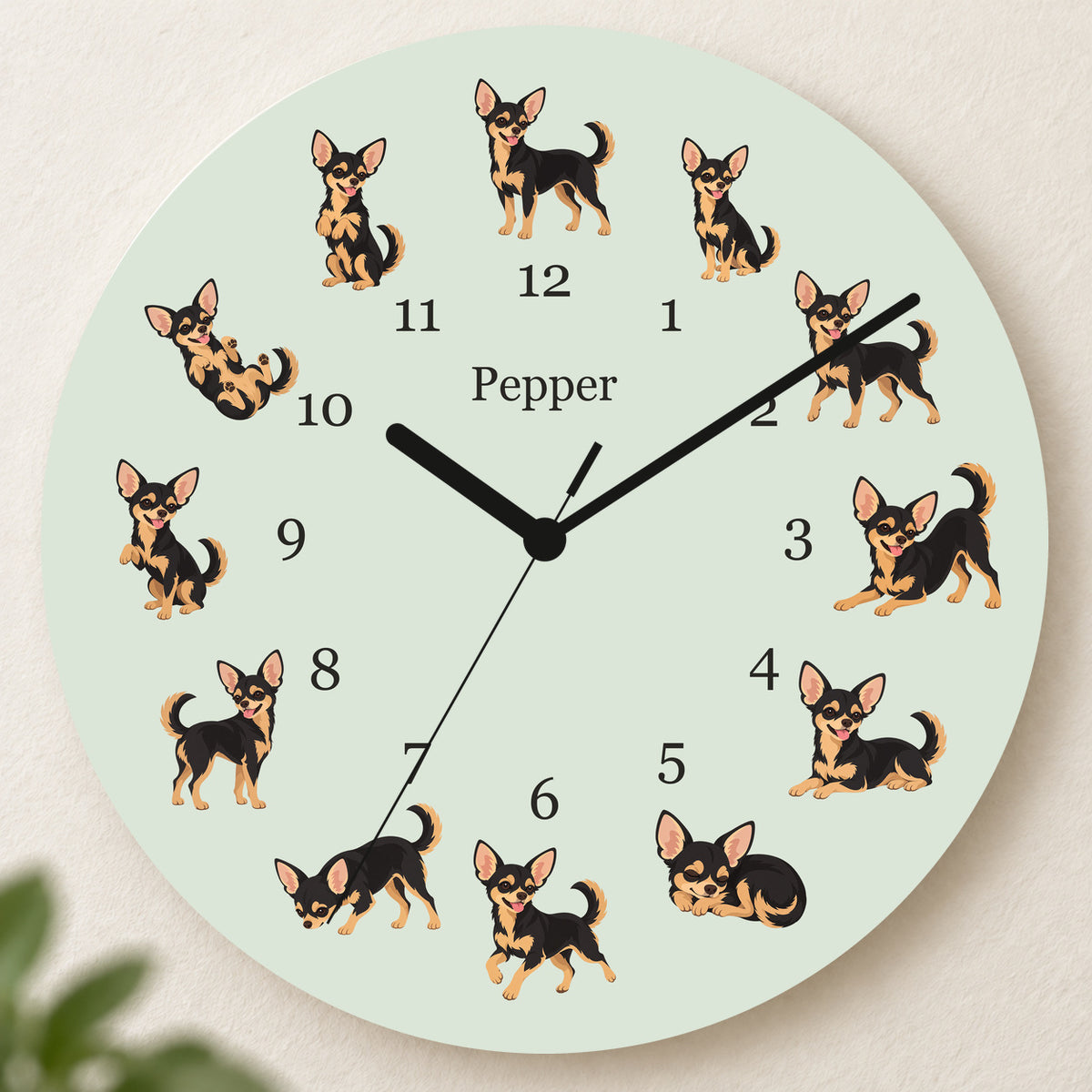 Personalized Chihuahua Black and Tan Wall Clock, Custom Pet Name, 11.6 Inch Wooden Clock — Pale Sage background