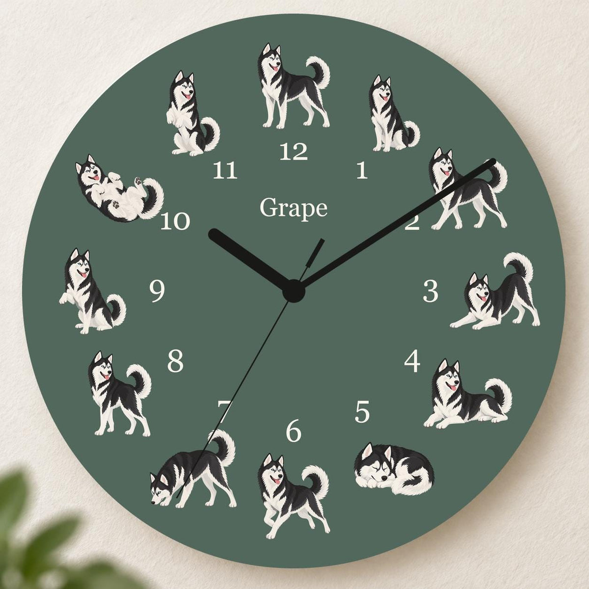 Personalized Siberian Husky Black and White wooden wall clock with example name Grape; hero