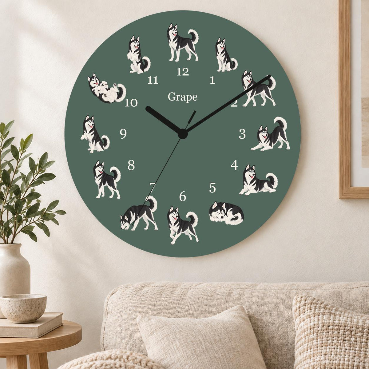 Personalized Siberian Husky Black and White wooden wall clock with example name Grape; living room