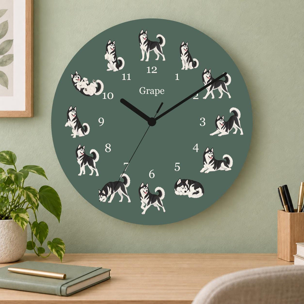 Personalized Siberian Husky Black and White wooden wall clock with example name Grape; home office