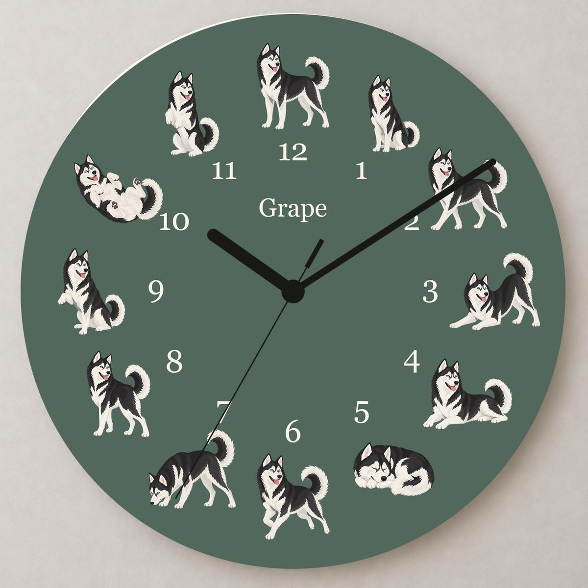 Personalized Siberian Husky Black and White wooden wall clock with example name Grape; close up