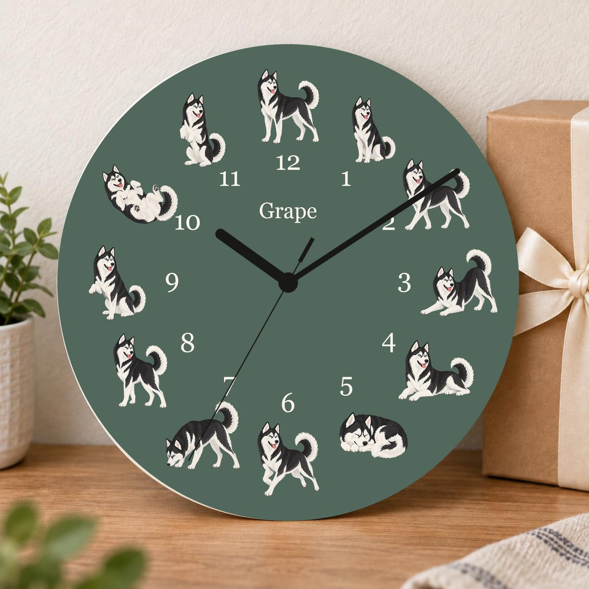 Personalized Siberian Husky Black and White wooden wall clock with example name Grape; gift