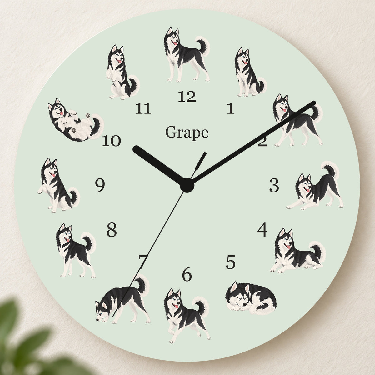 Personalized Siberian Husky Black and White Wall Clock, Custom Pet Name, 11.6 Inch Wooden Clock — Pale Sage background