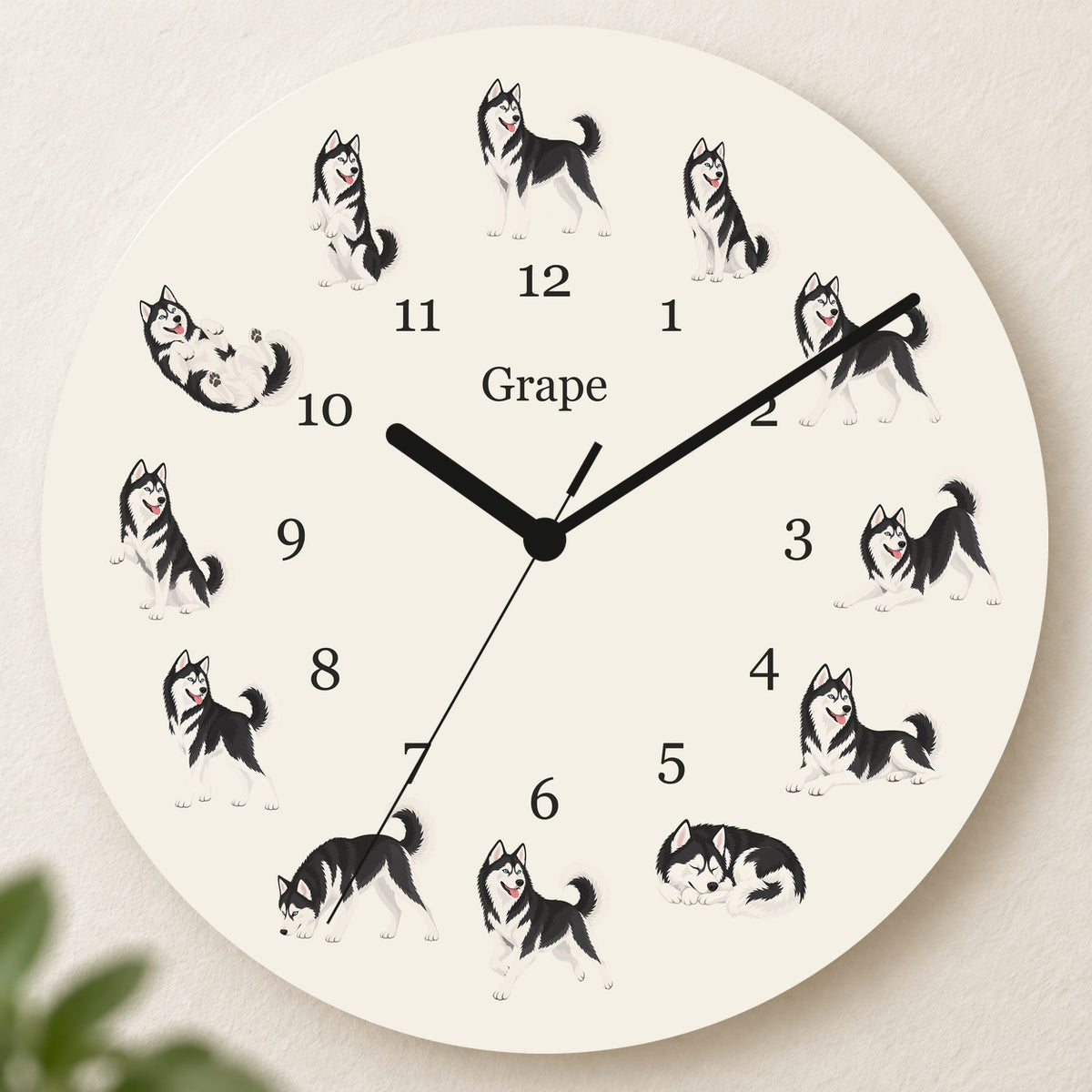 Personalized Siberian Husky Black and White Wall Clock, Custom Pet Name, 11.6 Inch Wooden Clock — Warm Ivory background