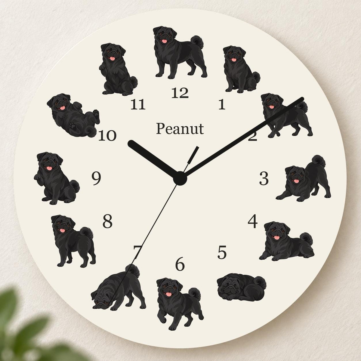 Personalized Pug Black wooden wall clock with example name Peanut; hero