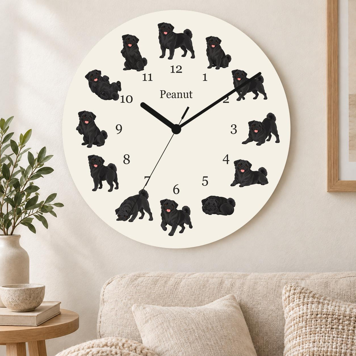 Personalized Pug Black wooden wall clock with example name Peanut; living room