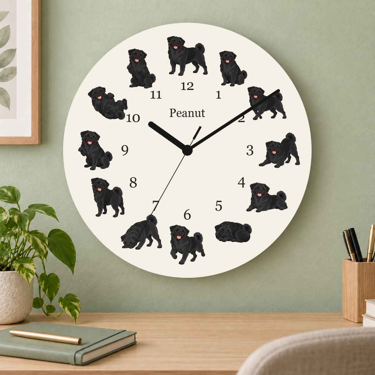 Personalized Pug Black wooden wall clock with example name Peanut; home office