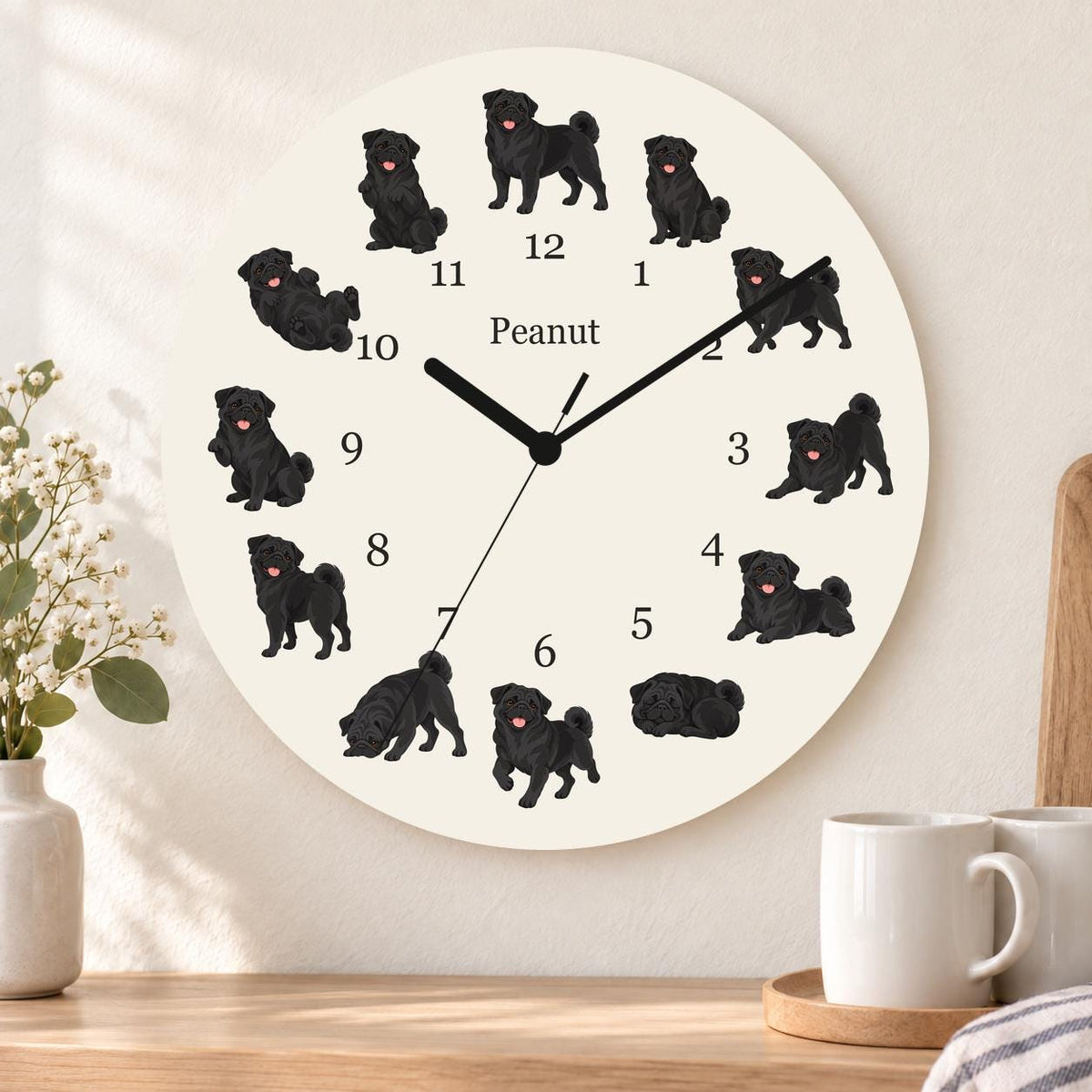 Personalized Pug Black wooden wall clock with example name Peanut; kitchen