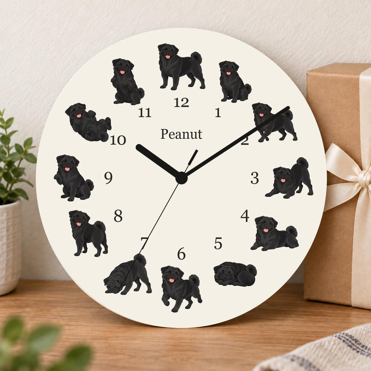 Personalized Pug Black wooden wall clock with example name Peanut; gift