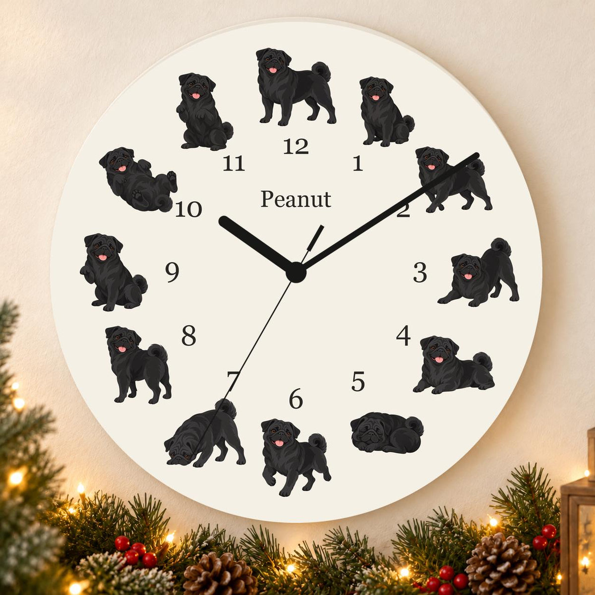 Personalized Pug Black wooden wall clock with example name Peanut; holiday