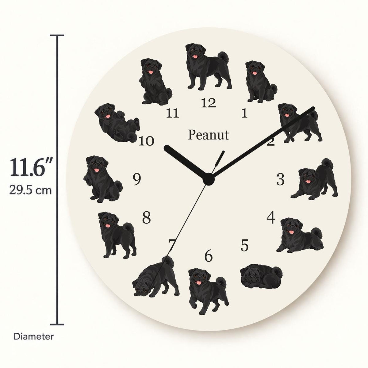 Personalized Pug Black wooden wall clock with example name Peanut; size