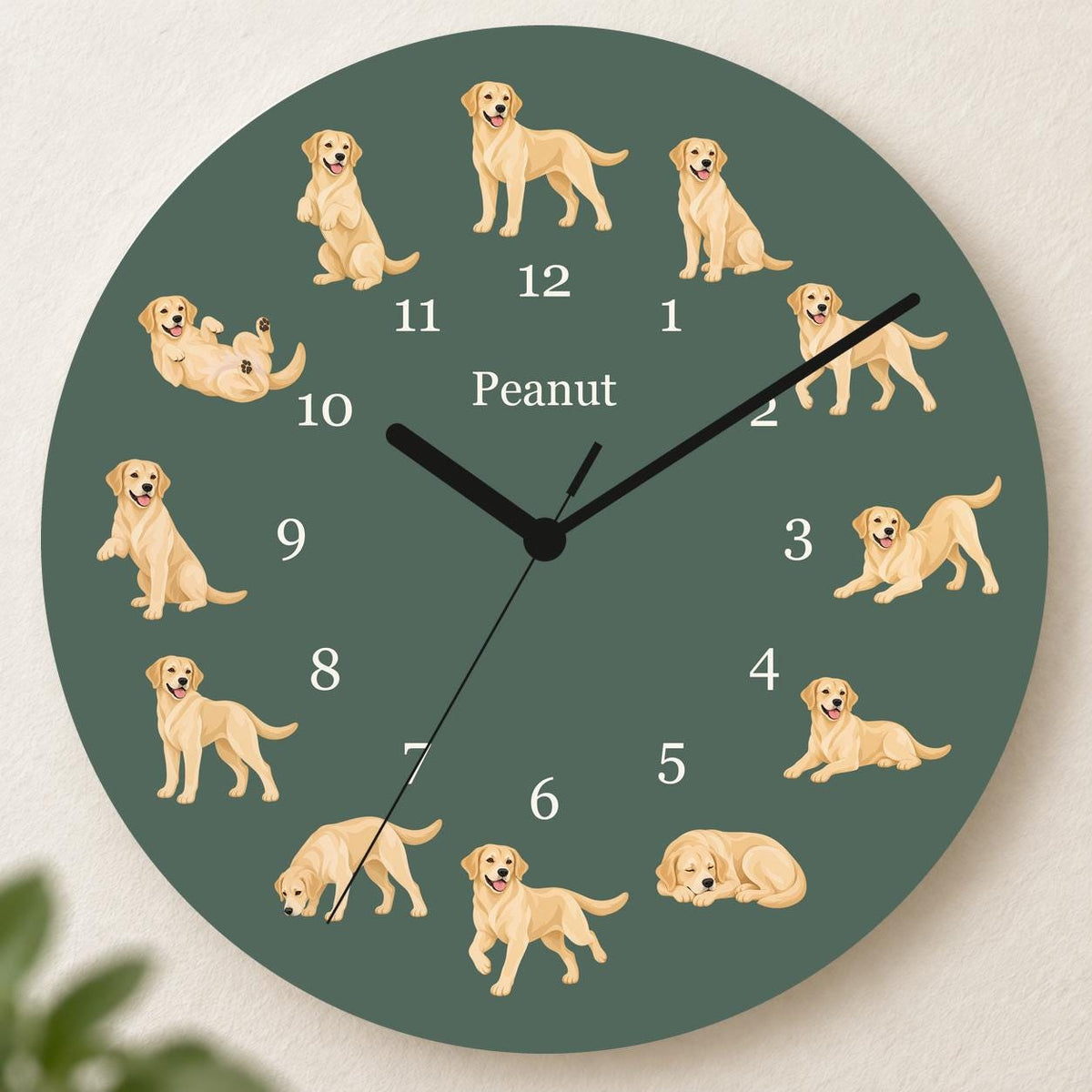 Personalized Labrador Retriever Yellow wooden wall clock with example name Peanut; hero