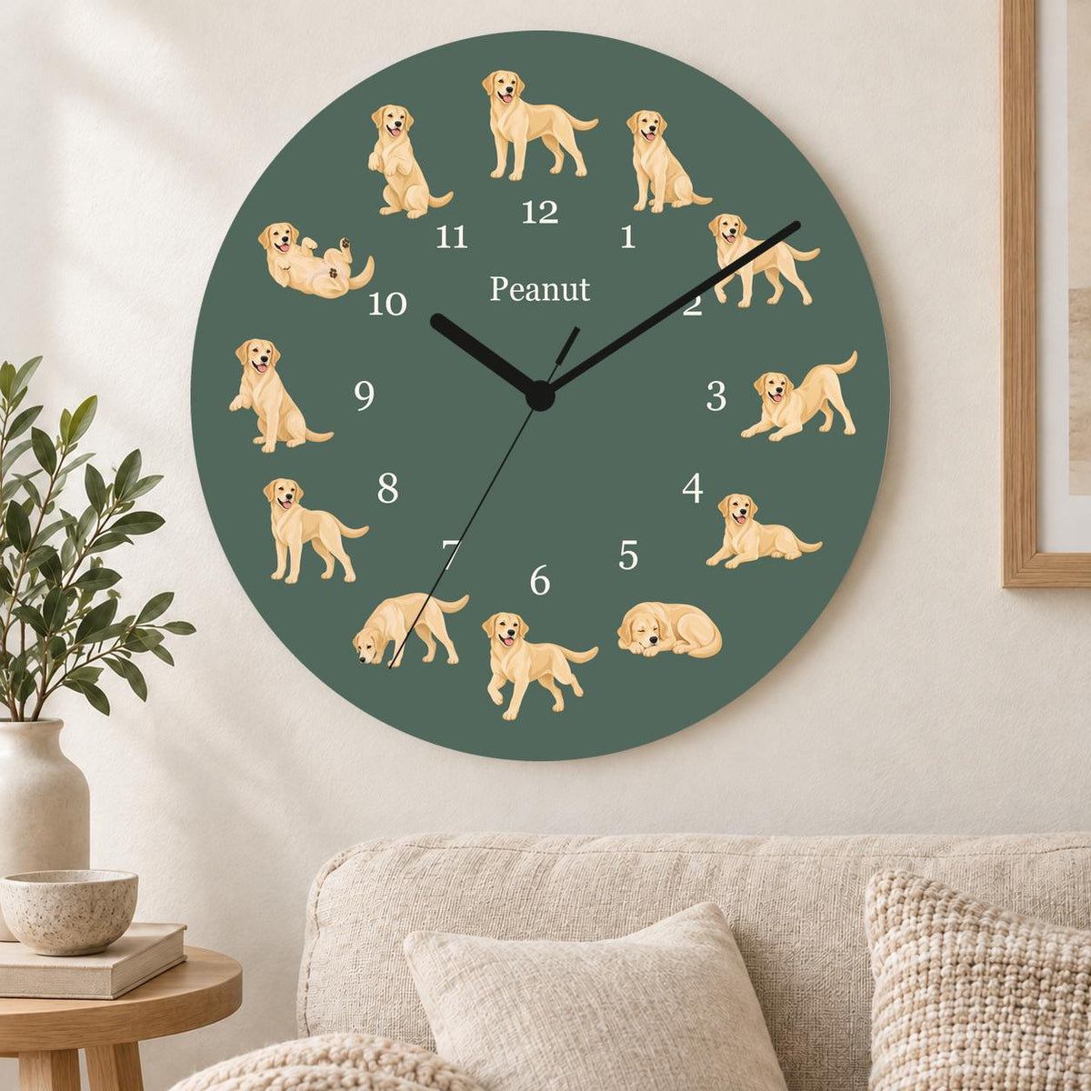 Personalized Labrador Retriever Yellow wooden wall clock with example name Peanut; living room