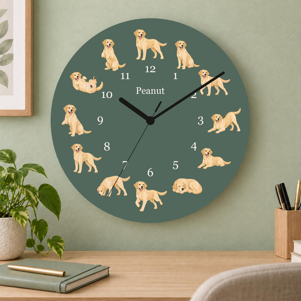 Personalized Labrador Retriever Yellow wooden wall clock with example name Peanut; home office