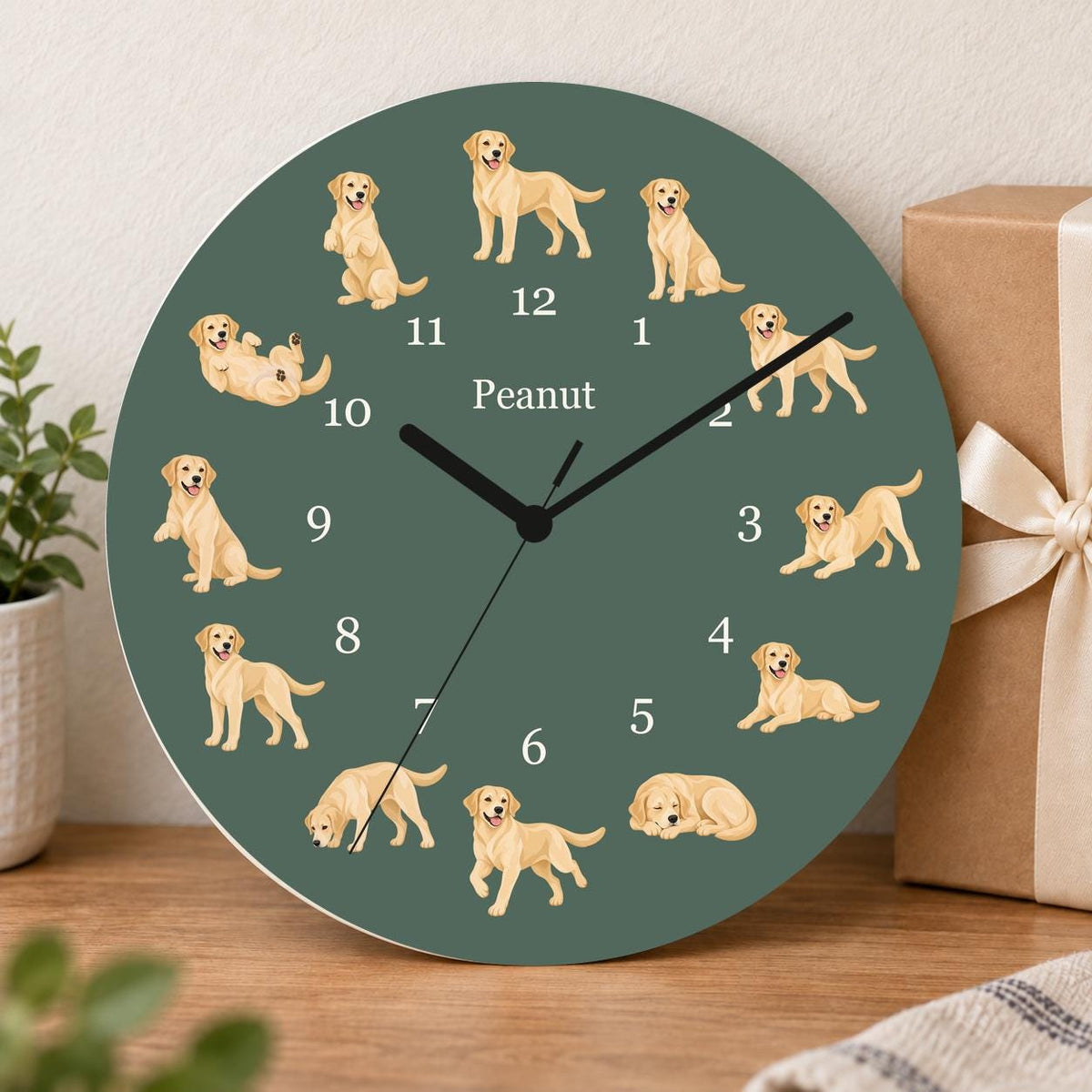 Personalized Labrador Retriever Yellow wooden wall clock with example name Peanut; gift