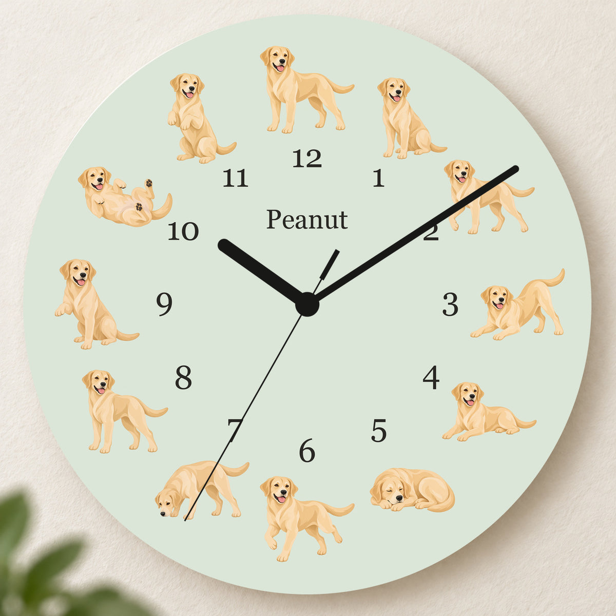 Personalized Labrador Retriever Yellow Wall Clock, Custom Pet Name, 11.6 Inch Wooden Clock — Pale Sage background