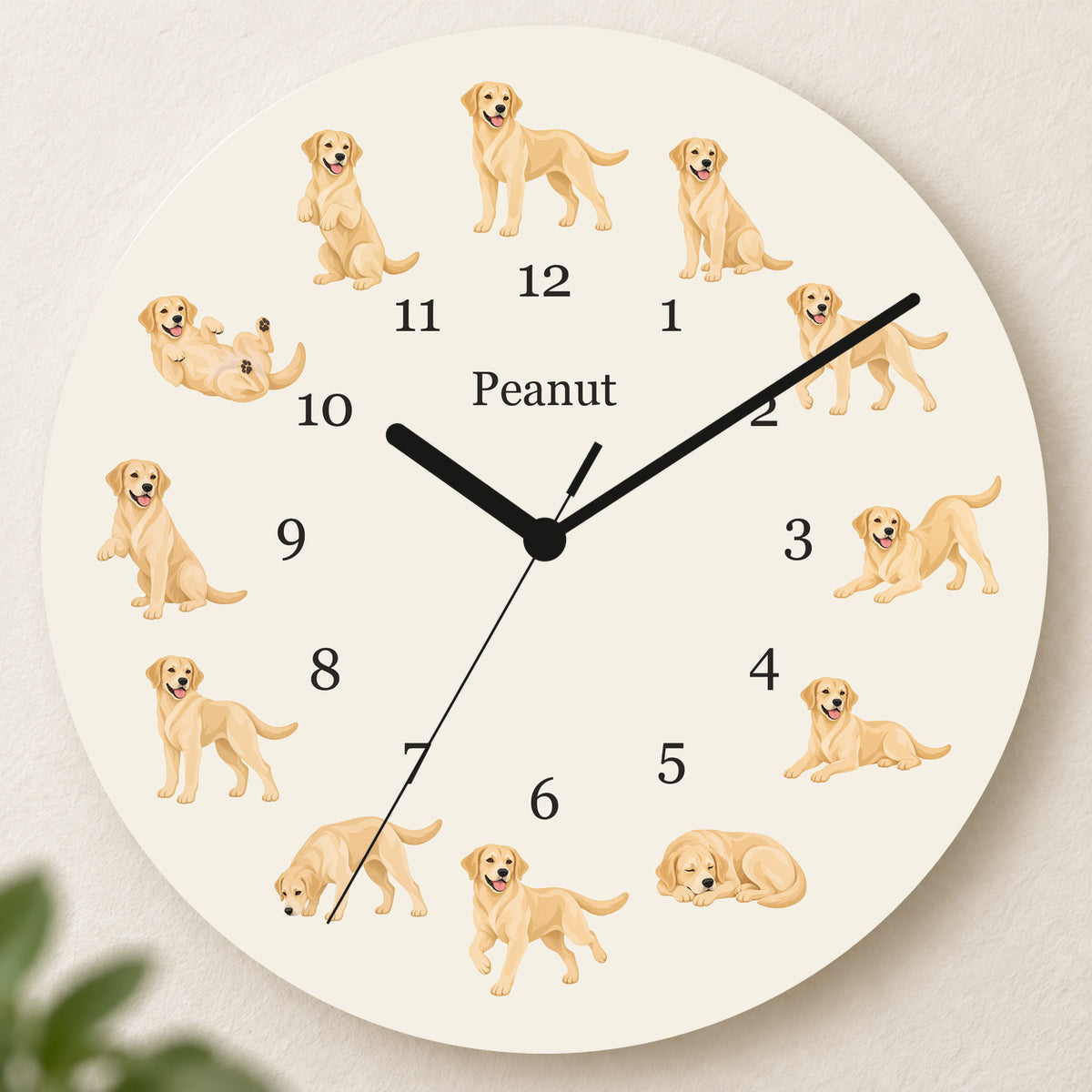 Personalized Labrador Retriever Yellow Wall Clock, Custom Pet Name, 11.6 Inch Wooden Clock — Warm Ivory background