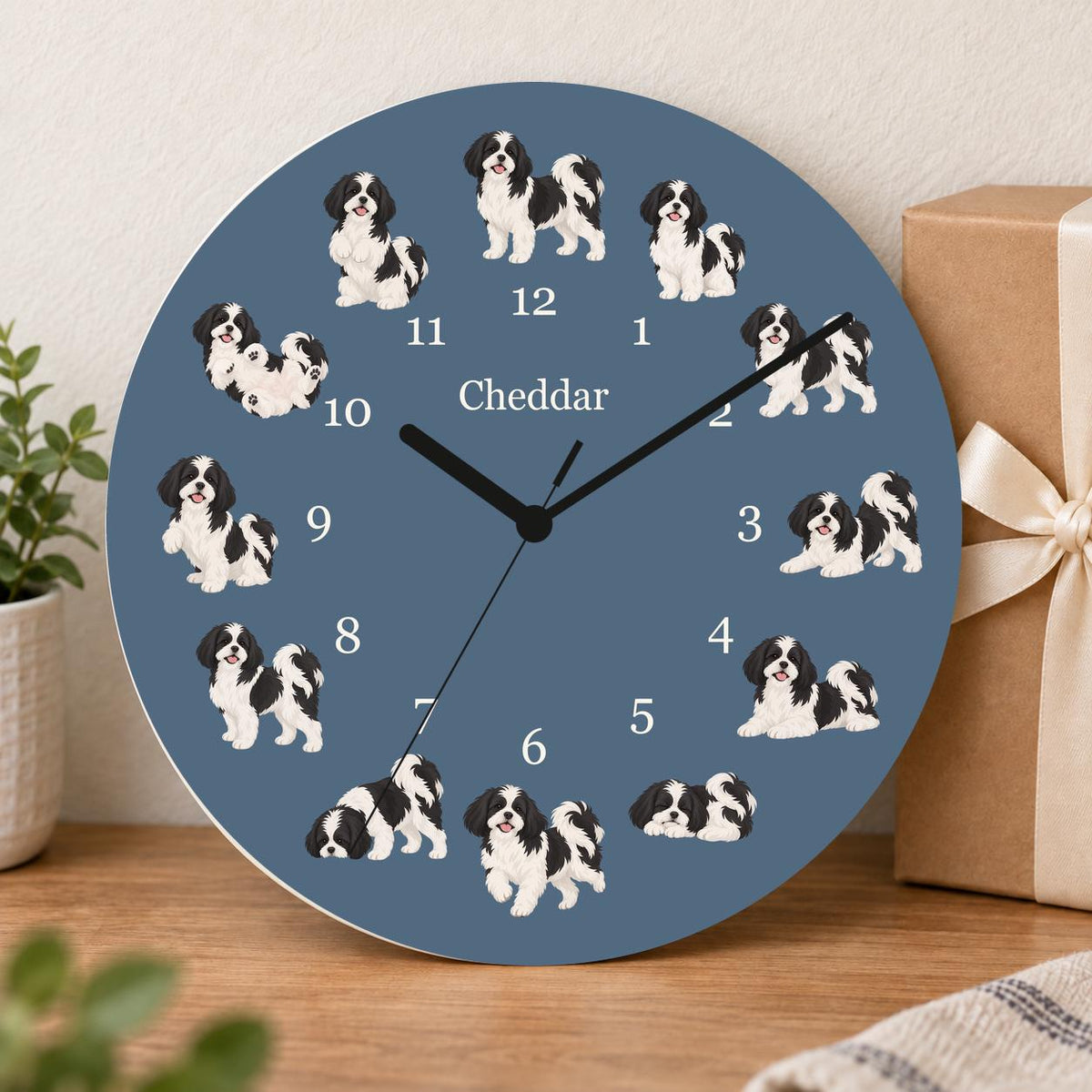 Personalized Shih Tzu Black and White wooden wall clock with example name Cheddar; gift