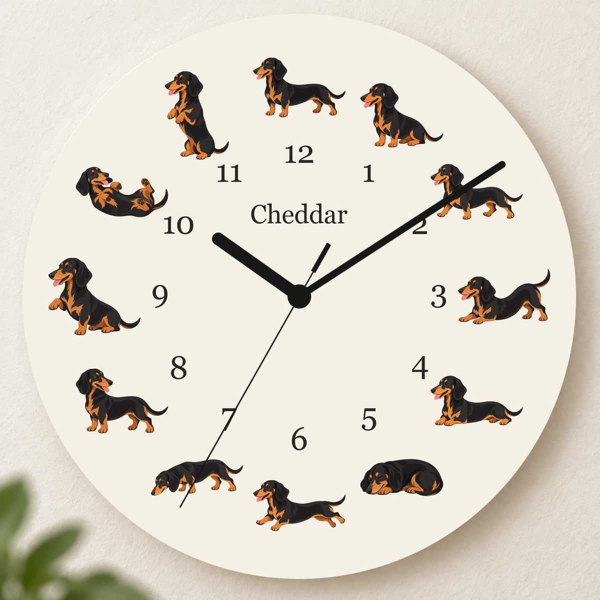Personalized Dachshund Black and Tan wooden wall clock with example name Cheddar; hero