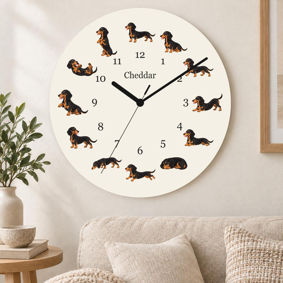 Personalized Dachshund Black and Tan wooden wall clock with example name Cheddar; living room