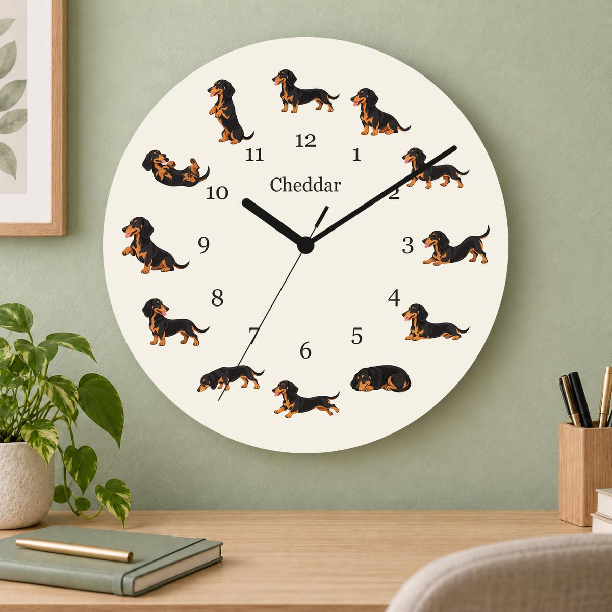 Personalized Dachshund Black and Tan wooden wall clock with example name Cheddar; home office