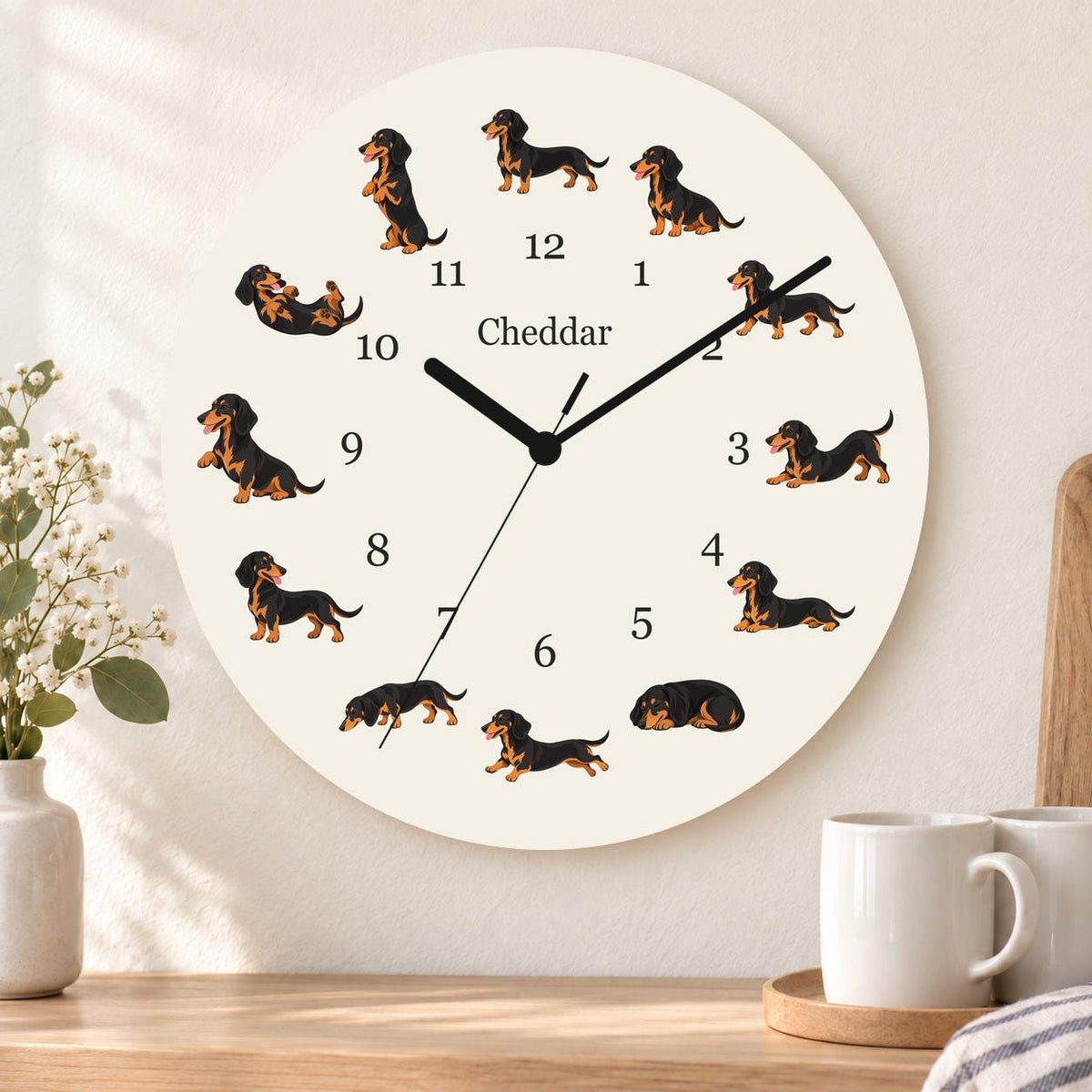 Personalized Dachshund Black and Tan wooden wall clock with example name Cheddar; kitchen