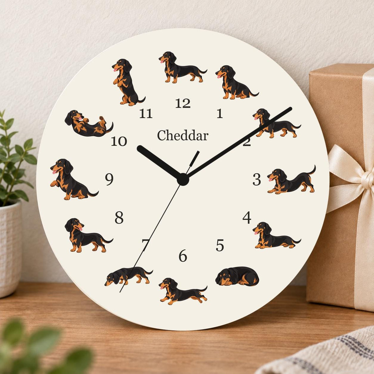 Personalized Dachshund Black and Tan wooden wall clock with example name Cheddar; gift