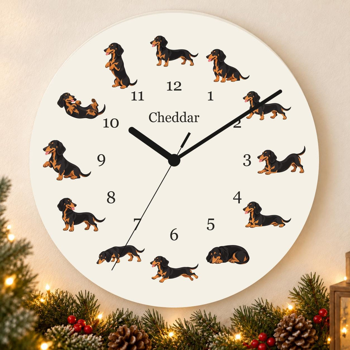 Personalized Dachshund Black and Tan wooden wall clock with example name Cheddar; holiday