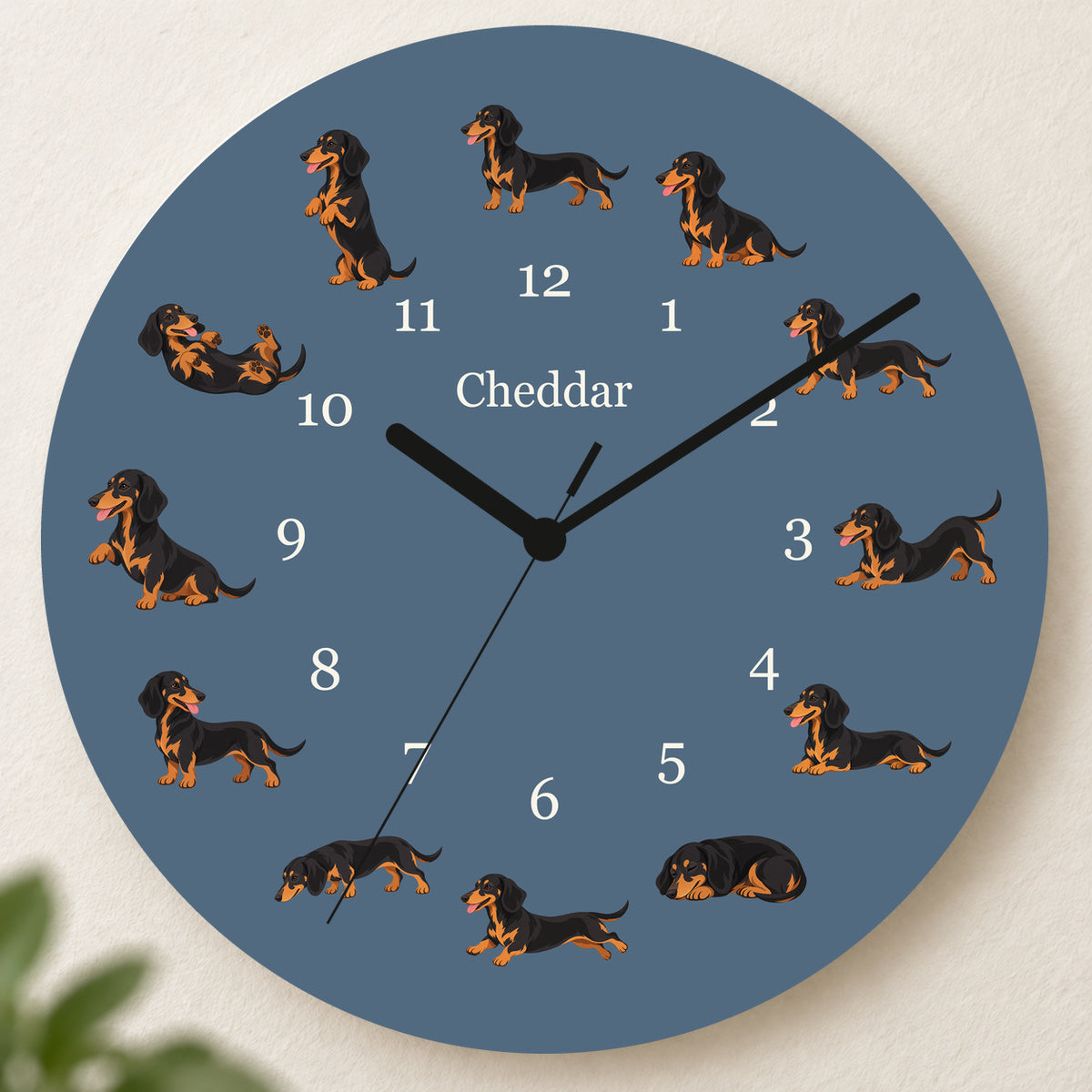 Personalized Dachshund Black and Tan Wall Clock, Custom Pet Name, 11.6 Inch Wooden Clock — Muted Denim background