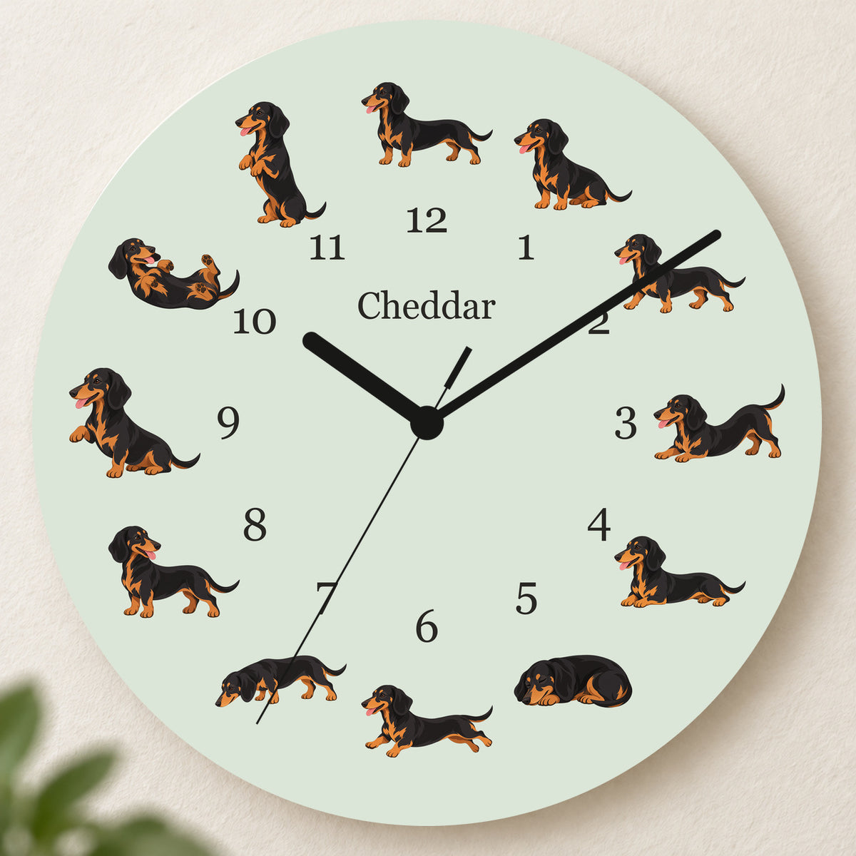 Personalized Dachshund Black and Tan Wall Clock, Custom Pet Name, 11.6 Inch Wooden Clock — Pale Sage background