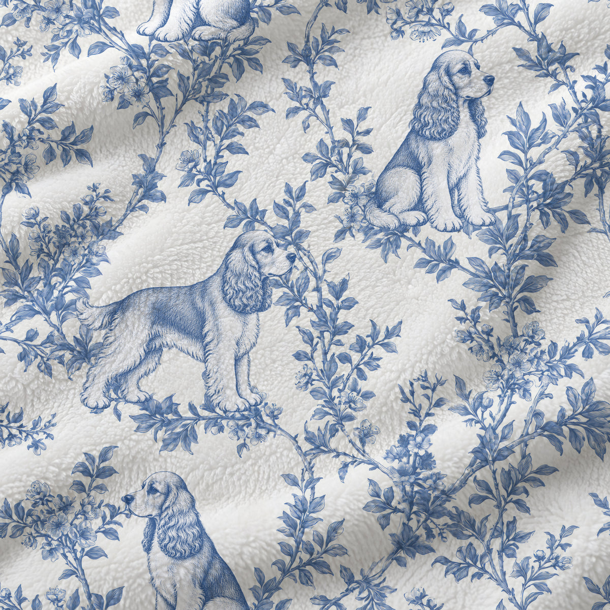 Cocker Spaniel toile de Jouy blanket - Blue Blanket Fabric Closeup