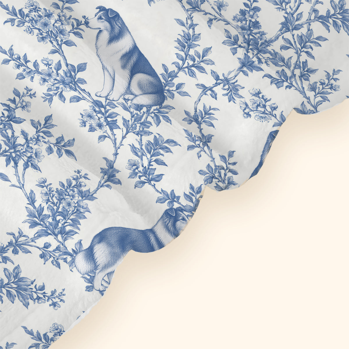 Collie toile de Jouy blanket - Blue Blanket Hem Closeup