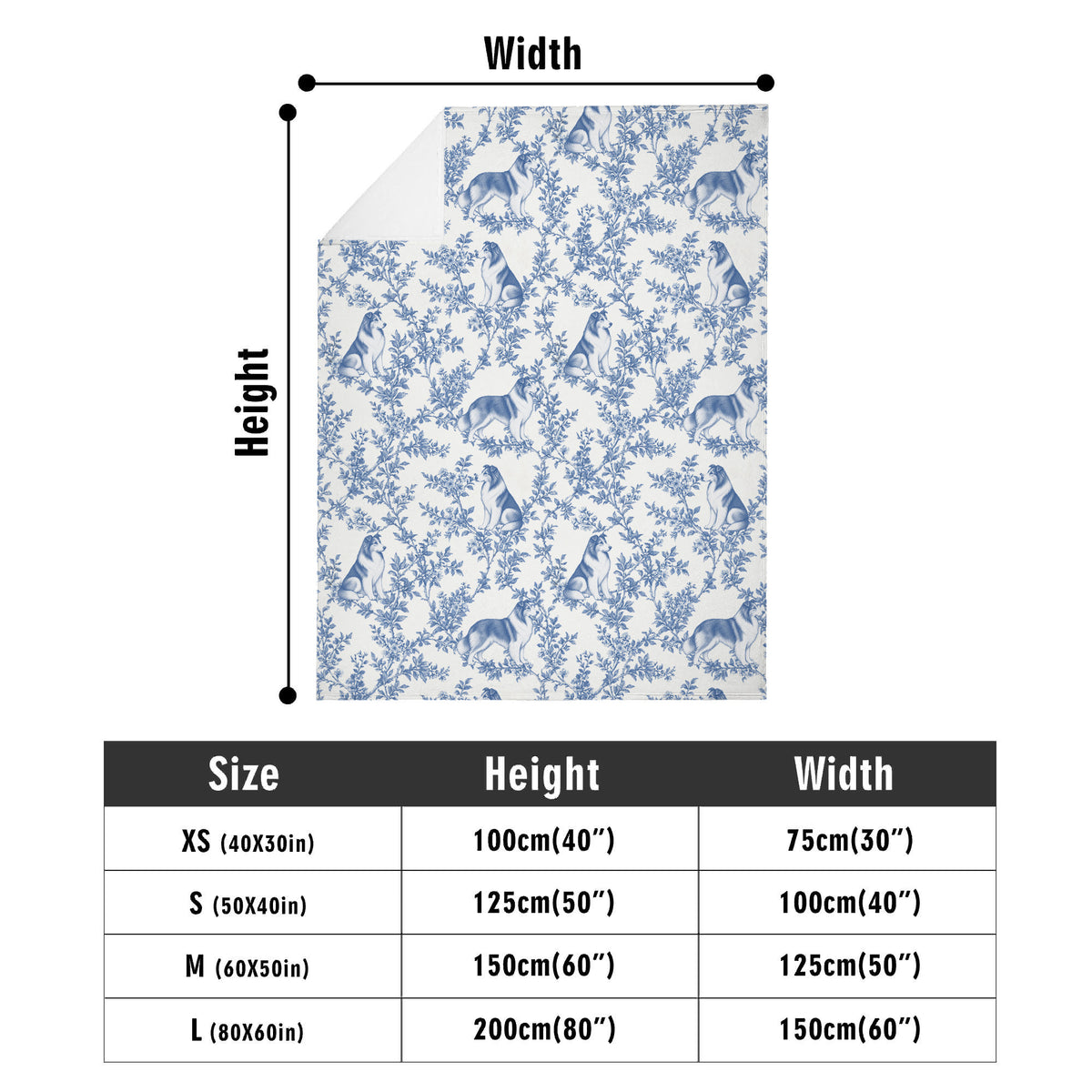 Collie toile de Jouy blanket - Blue Blanket Size Chart
