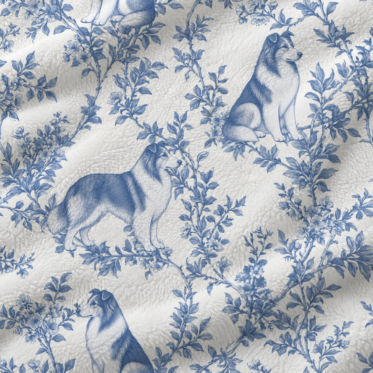 Collie toile de Jouy blanket - Blue Blanket Fabric Closeup