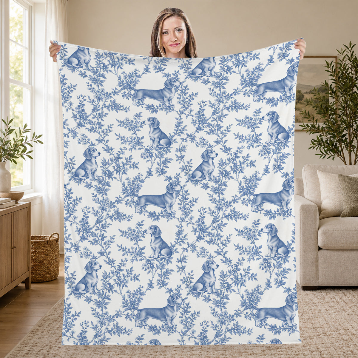 Dachshund toile de Jouy blanket - Blue Blanket Held Living Room