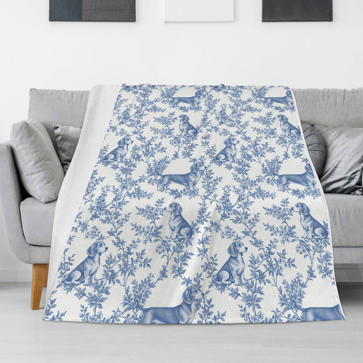 Dachshund toile de Jouy blanket - Blue Blanket Sofa