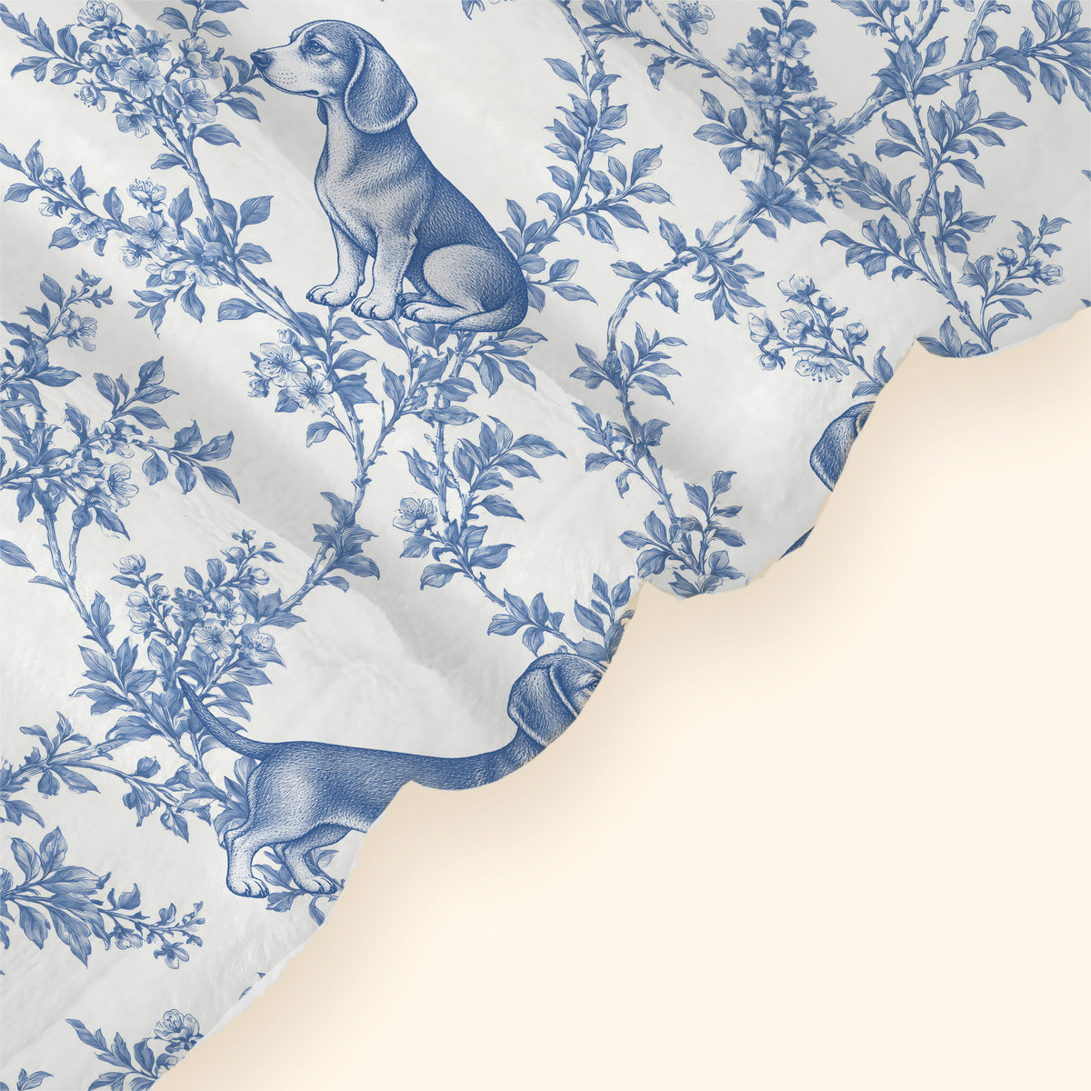Dachshund toile de Jouy blanket - Blue Blanket Hem Closeup
