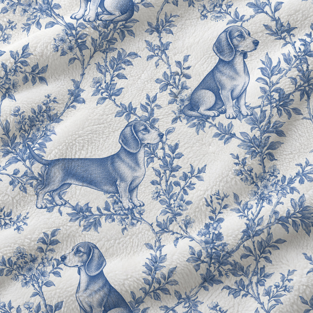 Dachshund toile de Jouy blanket - Blue Blanket Fabric Closeup