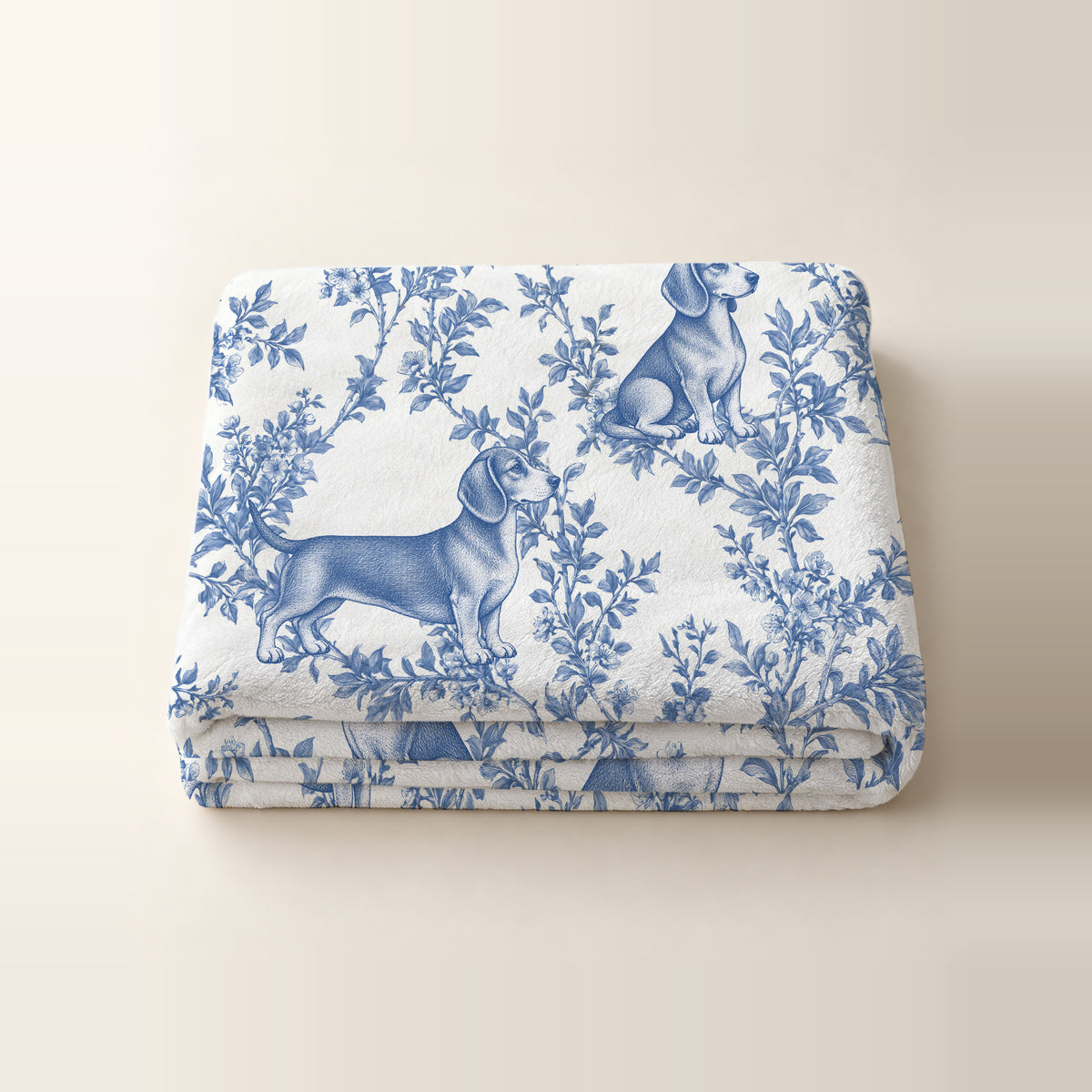 Dachshund toile de Jouy blanket - Blue Blanket Folded Studio