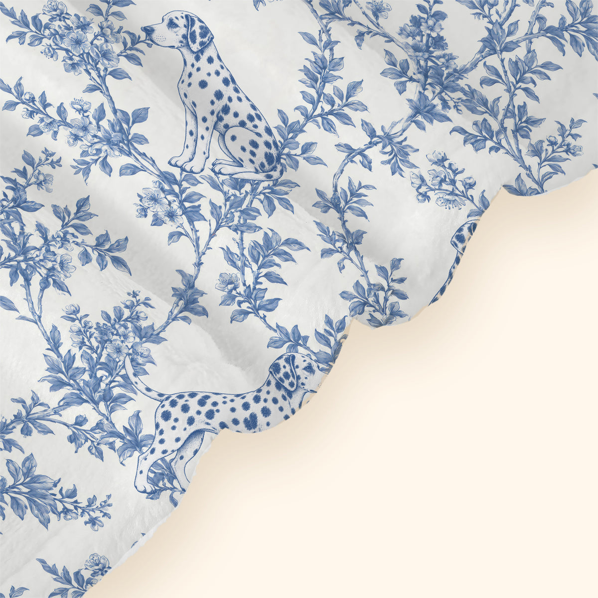 Dalmatian toile de Jouy blanket - Blue Blanket Hem Closeup