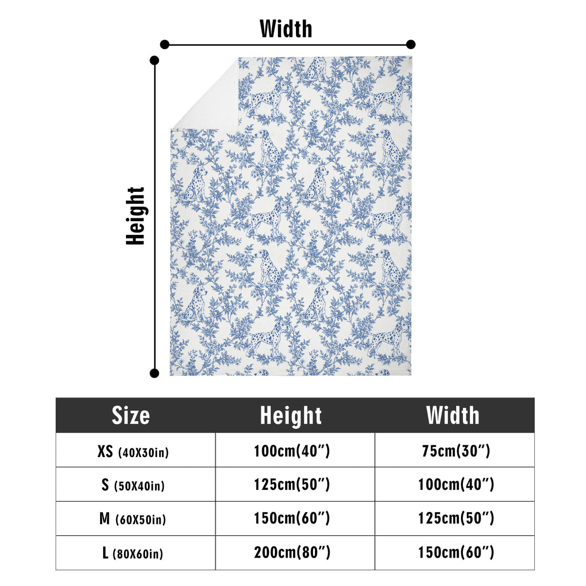 Dalmatian toile de Jouy blanket - Blue Blanket Size Chart