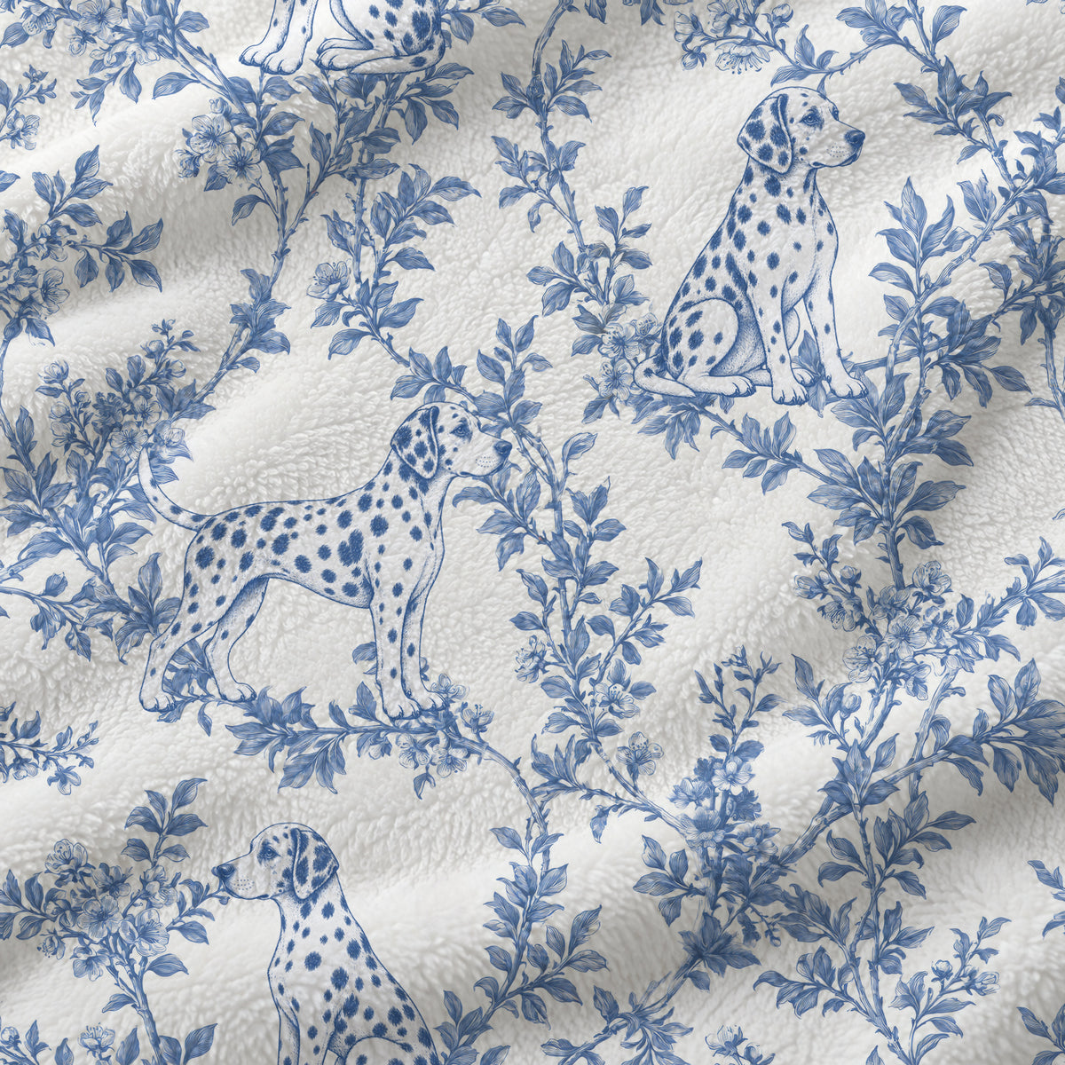 Dalmatian toile de Jouy blanket - Blue Blanket Fabric Closeup