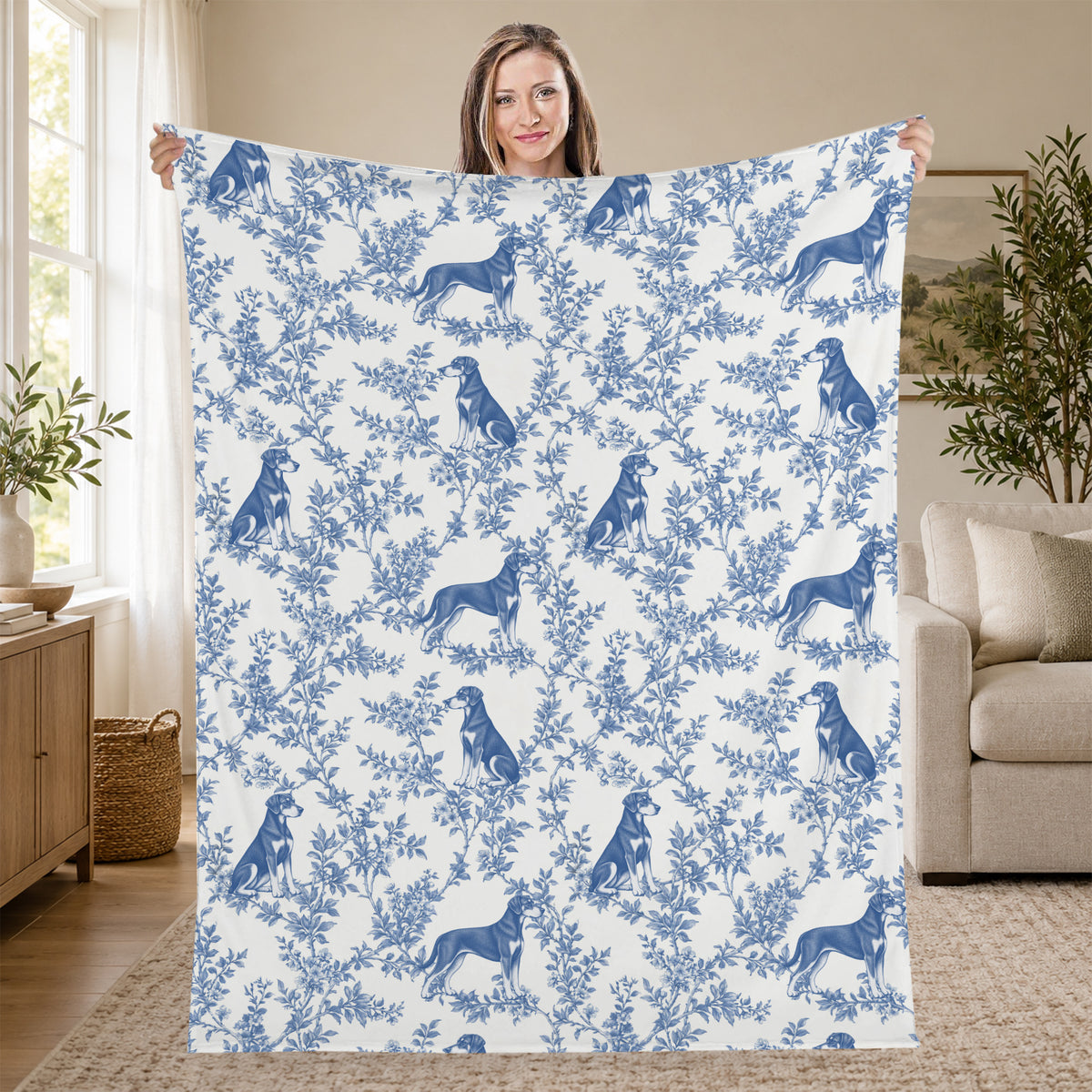 Doberman Pinscher toile de Jouy blanket - Blue Blanket Held Living Room