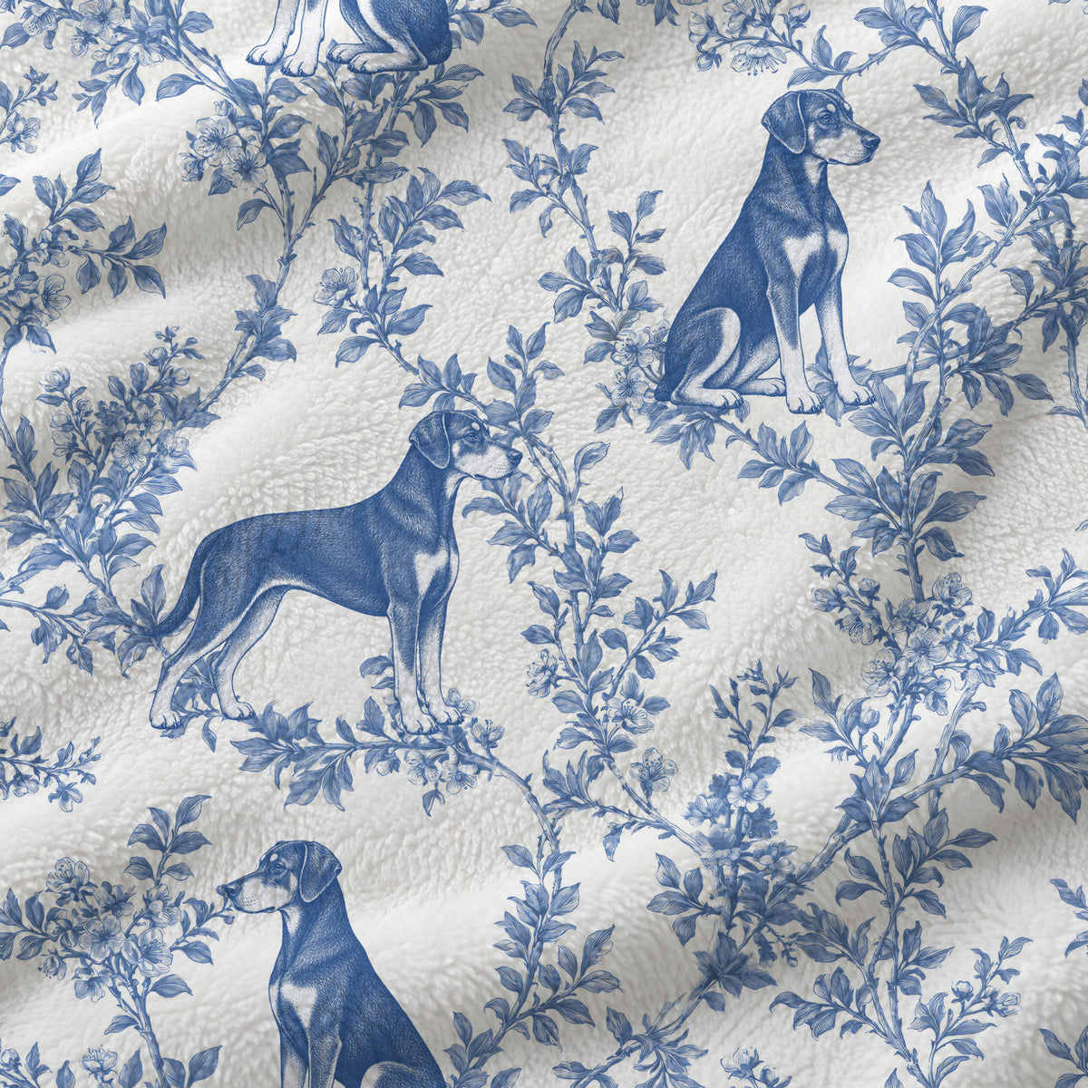 Doberman Pinscher toile de Jouy blanket - Blue Blanket Fabric Closeup