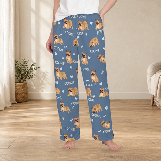 French Bulldog personalized fleece pajama trousers on a model; women's fit, front view. Cozy neutral room background.