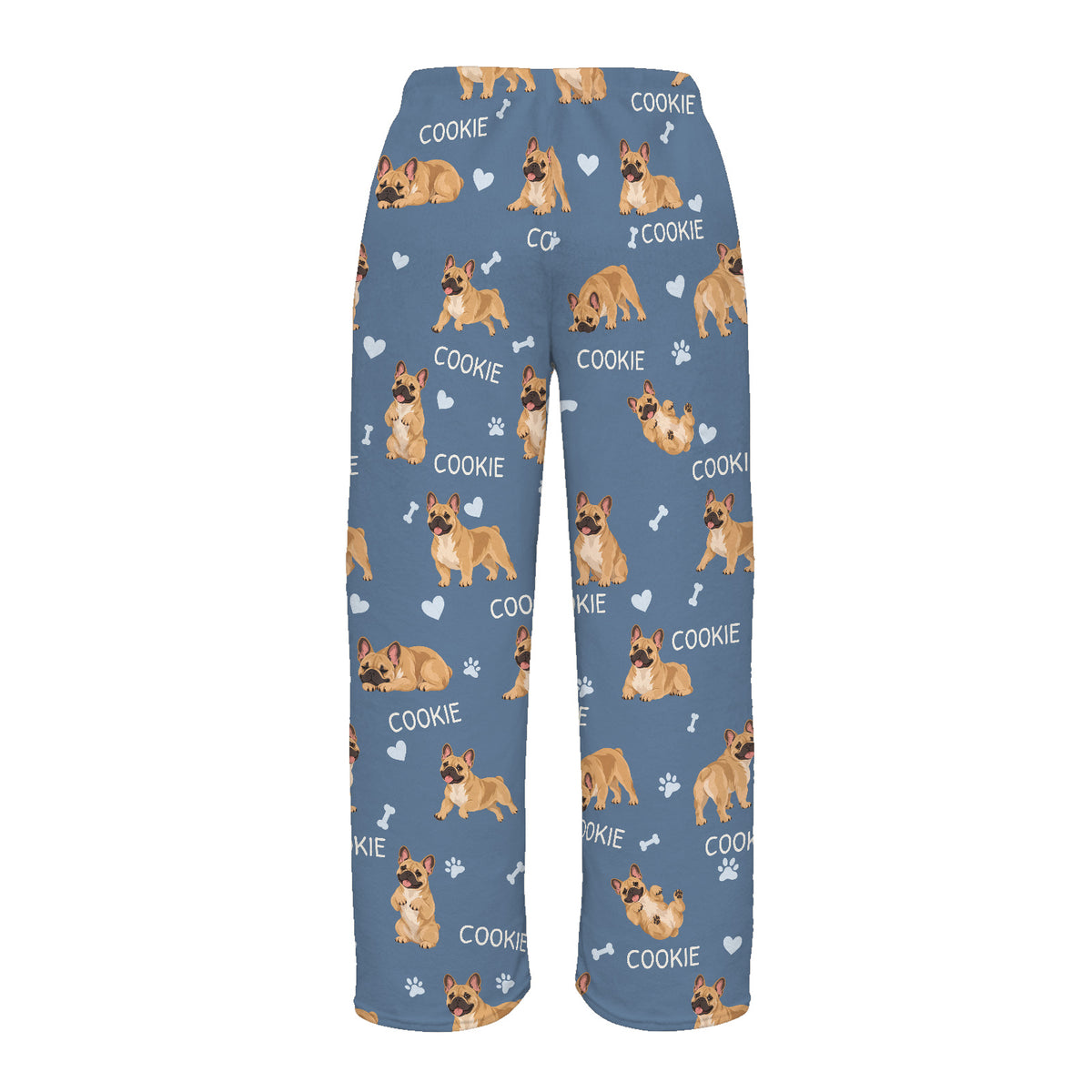 French Bulldog personalized pet name fleece pajama trousers, flat back view.