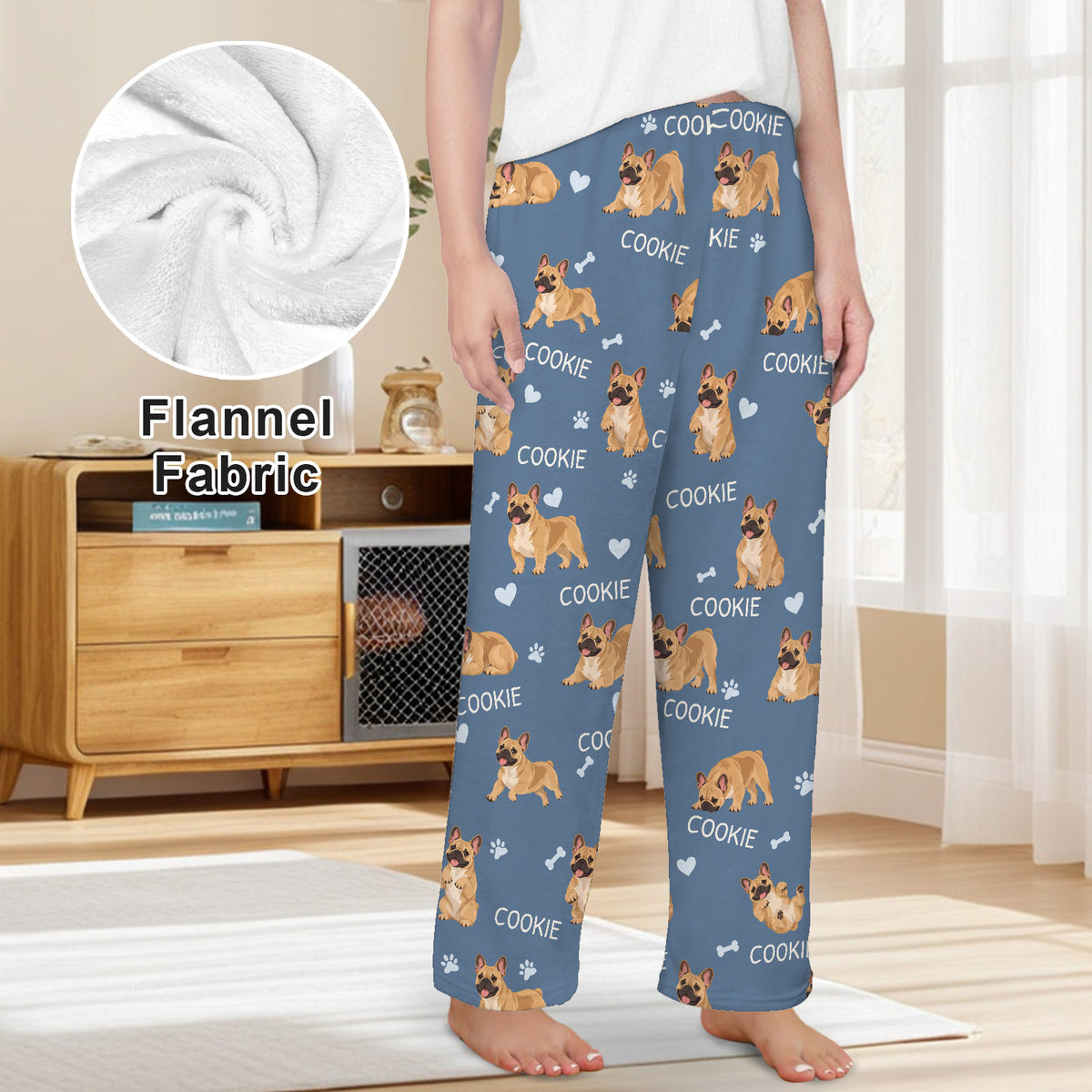French Bulldog personalized pet name fleece pajama trousers, front lifestyle view.